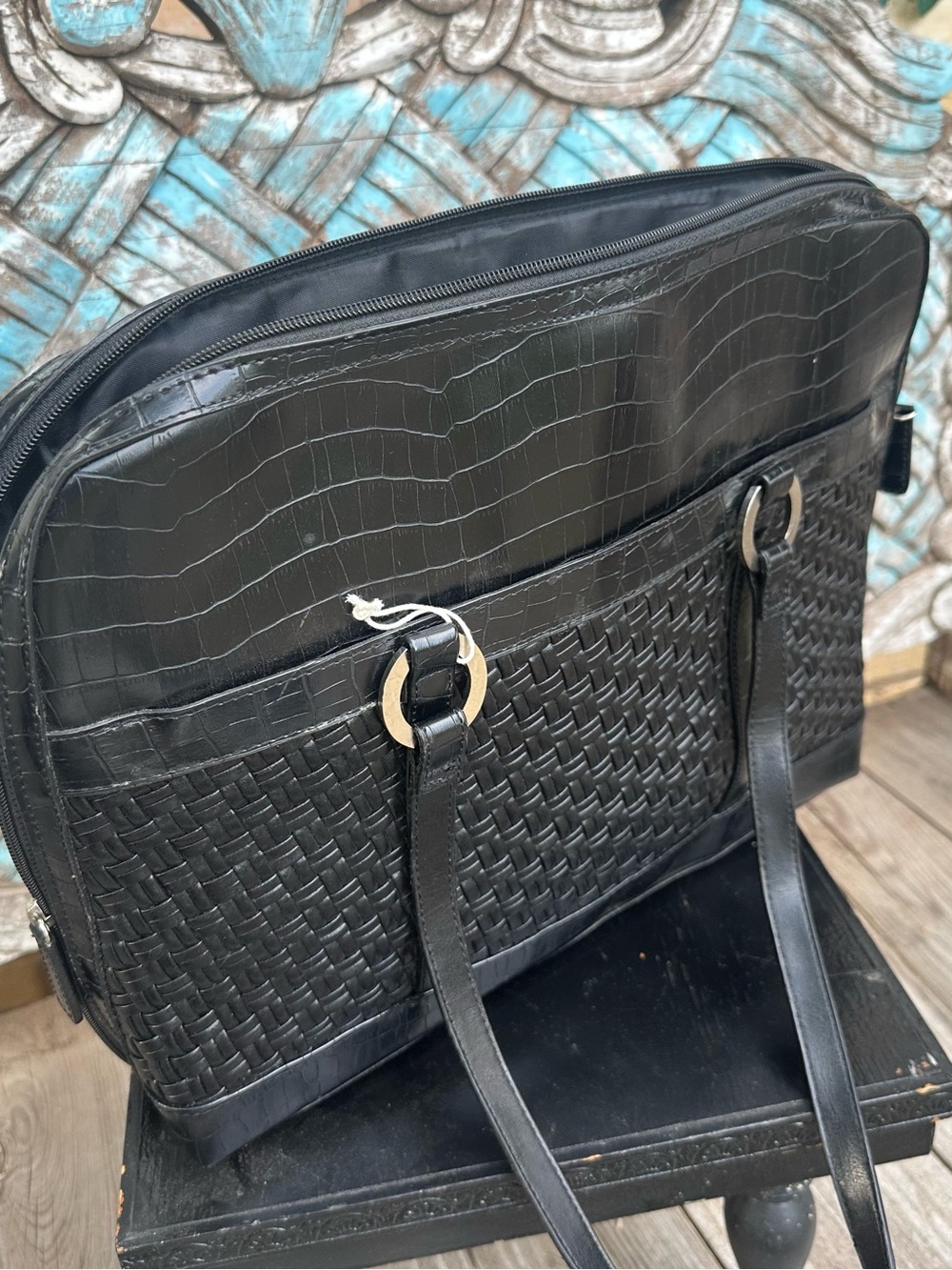Coldwater Creek Black Woven Faux-Leather Tote Bag